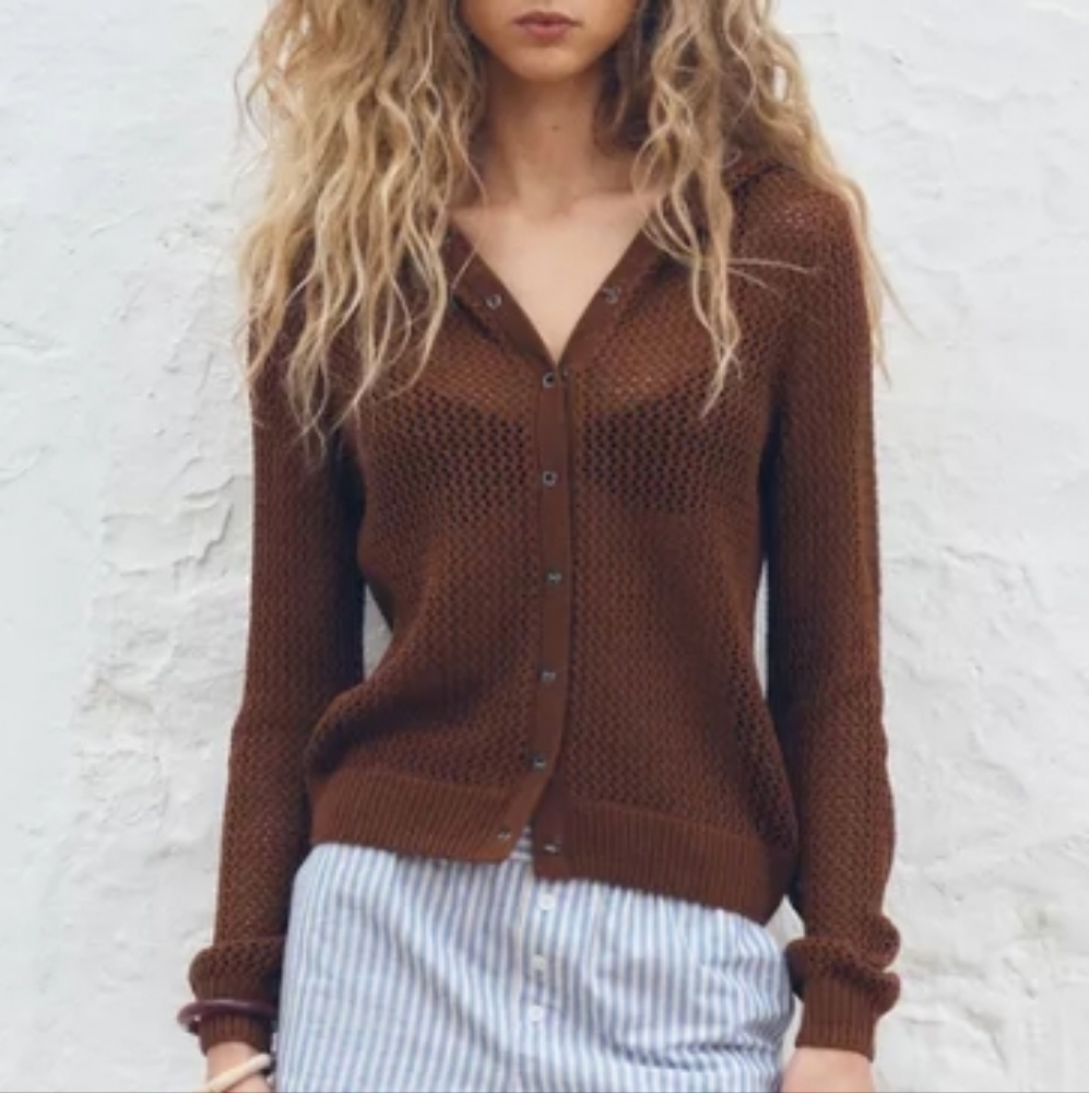 Zara Brown Hooded Knit Sweater Sz-M
